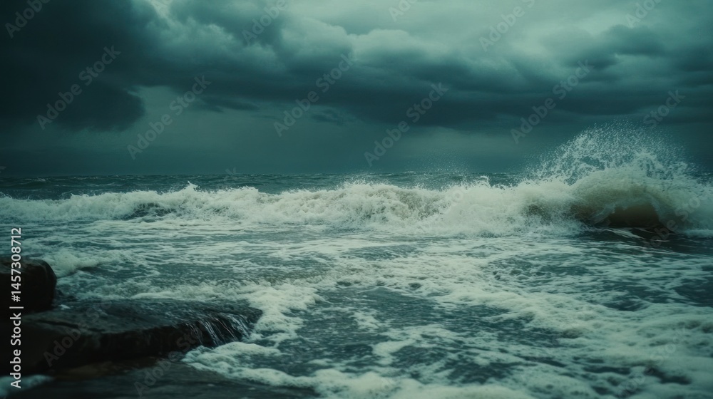 Powerful ocean waves crash against dark rocks under stormy clouds Powerful ocean waves crash against dark rocks under stormy clouds