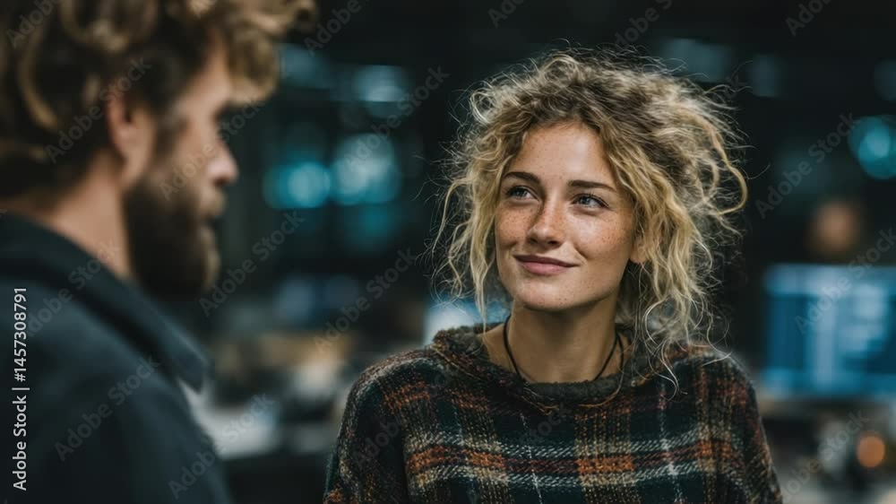 Close-up of two people, a man and a woman, engaging in conversation. The woman, with curly hair, looks upward, and the man looks down at her. Warm, friendly atmosphere Close-up of two people, a man and a woman, engaging in conversation. The woman, with curly hair, looks upward, and the man looks down at her. Warm, friendly atmosphere