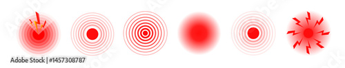 Pain red circle or localization mark, aching place sign, abstract symbol of pain, sore spot or hurt body part marker, design element for painkiller advertisement and medical information posters