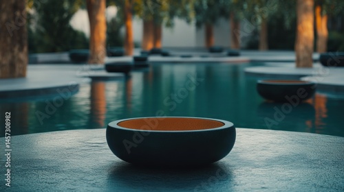 A modern outdoor water feature with decorative planters and trees