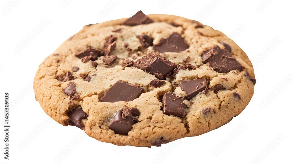A close-up of a chocolate chip cookie with gooey chocolate chunks, isolated on white background A close-up of a chocolate chip cookie with gooey chocolate chunks, isolated on white background