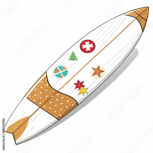 A weathered, broken surfboard, meticulously repaired with colorful band-aids and quirky stickers, leaning against a sun-bleached wall.