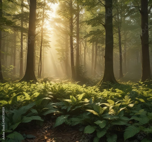 Golden sunlight filters through dense, green leaves, illuminating the forest floor ,  summer,  shade,  foliage