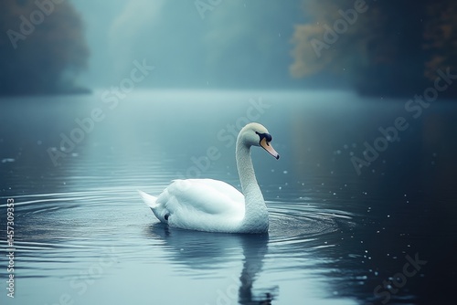 Fototapeta Naklejka Na Ścianę i Meble -  A solitary white swan floats peacefully on a calm lake water