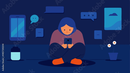 Digital Silence An individual in a cozy room holding a smartphone with a sad face while notifications and messages are muted around them showing the irony of feeling unheard in a