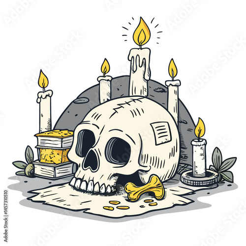 A meticulously detailed painting of a candlelit skull shrine, adorned with bone relics and a subtle, glowing arc, creating a mystical atmosphere.