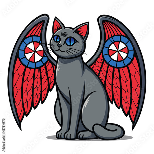 A majestic feline, guardian of a grand cathedral, possesses stone wings and sits atop a weathered stone staircase.  Render in a realistic style.