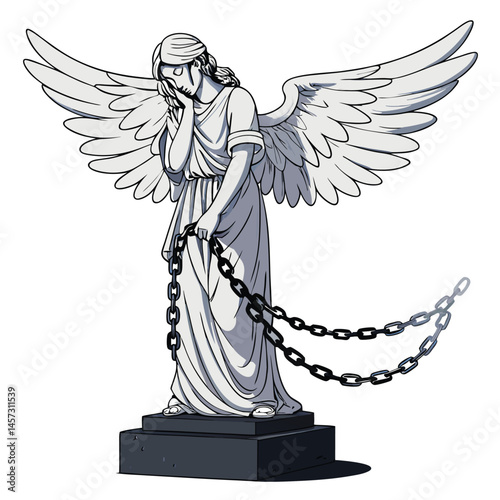 A sorrowful white angel statue, bound by chains, weeps black tears.  The statue is exquisitely detailed, showcasing emotional distress.
