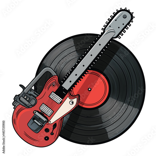 A grayscale image depicting a modified chainsaw guitar, its blade bisecting a vinyl record.  The scene is stark and dramatic, emphasizing the contrast between music and destruction.