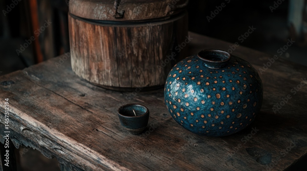 Fototapeta premium Rustic wooden table holds ceramic objects of varying shapes