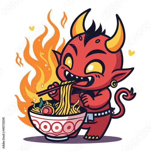 A cute chibi devil character happily devouring a bowl of fiery red spicy ramen, flames erupting from the bowl.