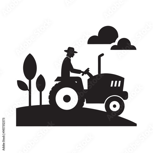 Farmer Driving Tractor On Field