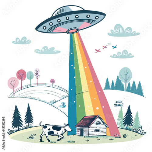 A classic flying saucer abducts a bewildered cow using a vibrant rainbow-colored tractor beam.  Night sky setting.