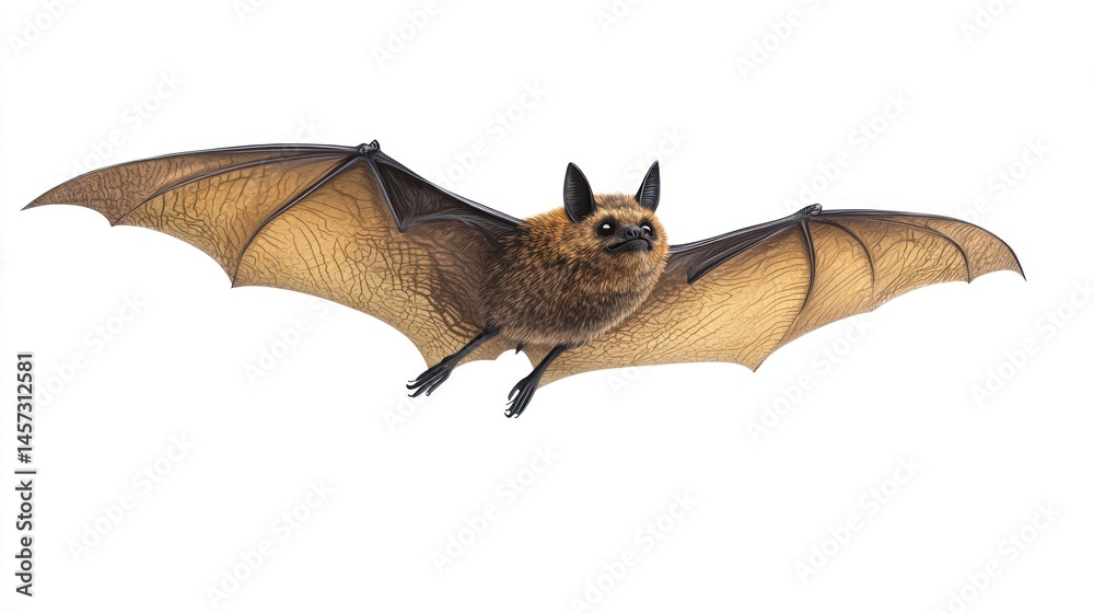 Obraz premium Brown bat in flight on a clean white backdrop with visible wings and feet
