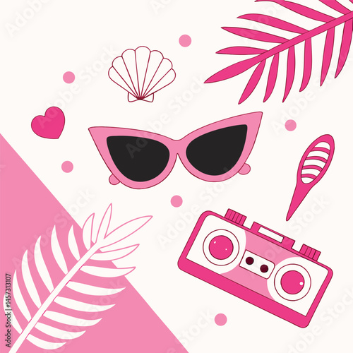 fashion flat lay with cat-eye sunglasses and pink accessories on vibrant background