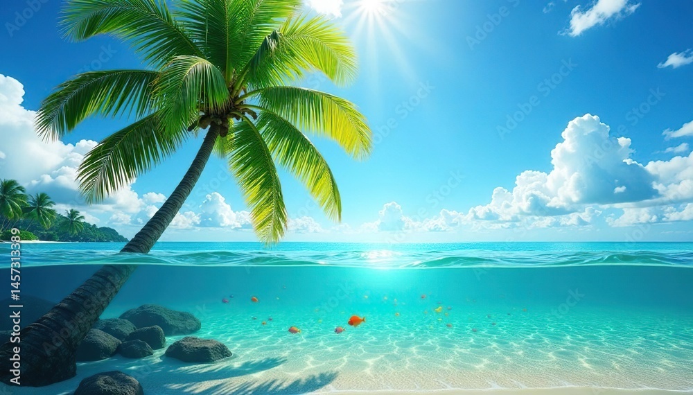 Obraz premium Lush foliage frames turquoise water; vibrant green swimwear rests on a sun-drenched rock., beach, detailed, leaves