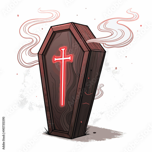 A vertically oriented coffin, standing upright, prominently displays a glowing red cross on its surface.  The scene is dark and ominous.