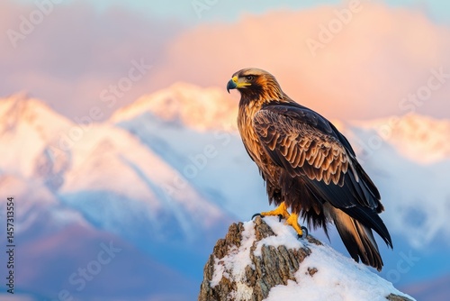 A majestic golden eagle perched atop a snowy peak with a backdrop of blurred mountains.