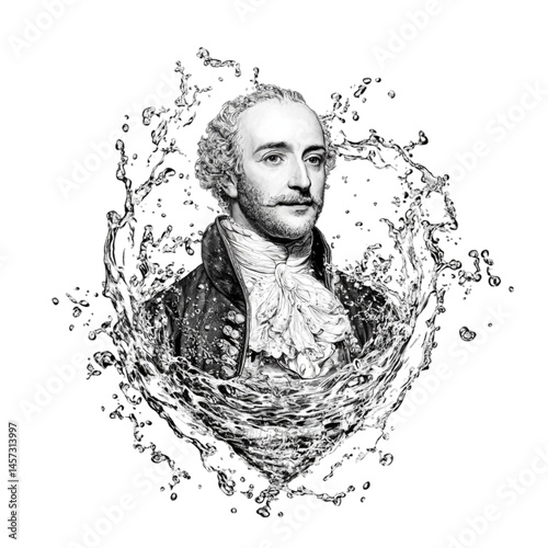 A grayscale portrait of a man surrounded by a water splash design on a black background