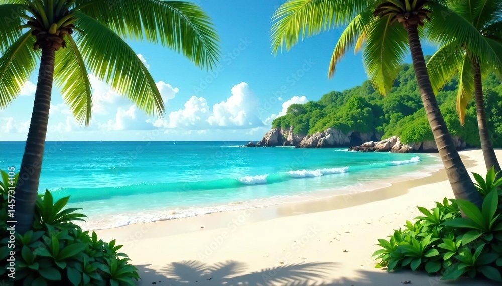 Fototapeta premium Azure sea, white sand, lush foliage. Warm light, vibrant colors., calm, tropical, stock
