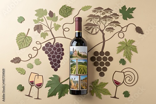 2D collage of a wine bottle surrounded by cut-out images of grapes leaves and glasses