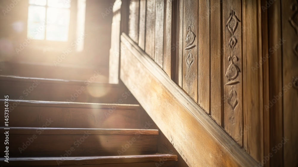 Obraz premium Wooden stairs with carved balustrade illuminated by bright sunlight