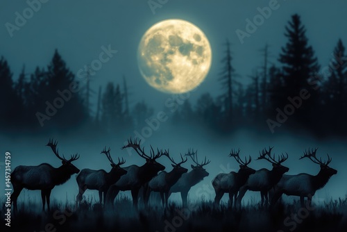 A herd of elks are standing in a misty field under the moonlight in the evening.