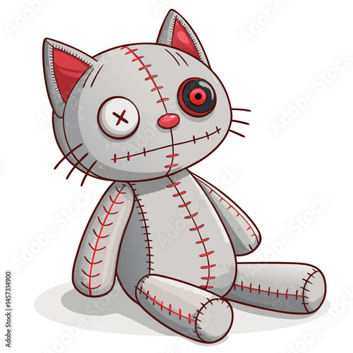 Render a creepy, cursed cat doll; stitched mouth, button eyes, tattered fabric, unsettling expression.  Focus on disturbing detail.