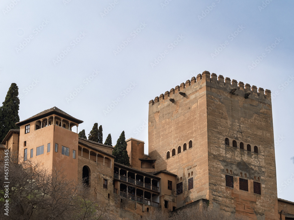View of the Comares Tower of the Alhambra from the Paseo de los Tristes in Granada (Spain)