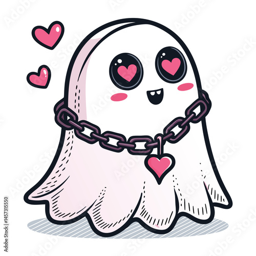 Generate a cute cartoon ghost with heart-shaped eyes, adorned with delicate chains, against a pure white background.  The style should be soft and friendly.