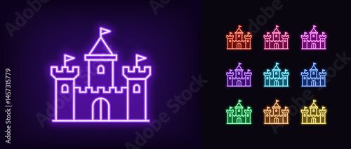 Outline neon medieval castle icon. Glowing neon king castle with towers and flags, ancient fortress icon. Fairytale palace, chateau building, knight castle, medieval kingdom. Vector icon set