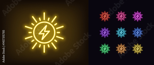 Outline neon solar energy icon. Glowing neon sun with rays and lightning icon, sunbeam energy. Electric charge of solar power, sunlight energy, electric power, solar battery charging. Vector icon set