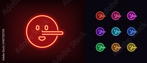 Outline neon liar emoji icon. Glowing neon lie emoticon with long nose, deceiver emoji. Liar face with big nose, say untruth, deceiver emoticon, fake truth and deception, tell false. Vector icon set
