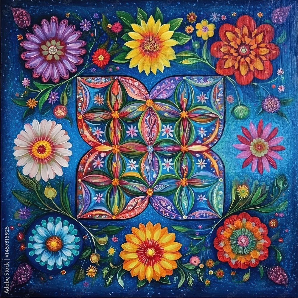 Floral quilt pattern on dark blue Floral quilt pattern on dark blue