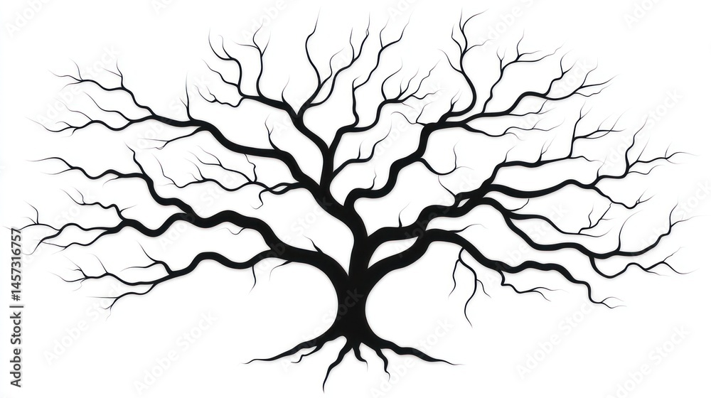 Fototapeta premium Silhouetted tree with bare branches, trunk and roots, on white background
