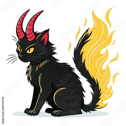 Render a menacing black cat, demonic features, prominent horns, fiery tail, intense gaze.  High detail, dark fantasy art style.