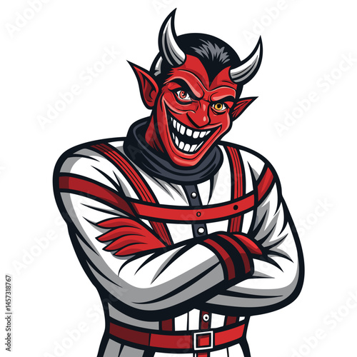 Render a demonic figure, maniacally grinning, restrained by a red straitjacket, with blazing red eyes.  Focus on intense detail and unsettling realism.