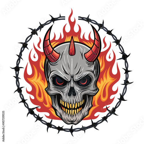 A fiery inferno engulfs a demonic skull, entangled in sharp barbed wire; detailed, dark fantasy art.