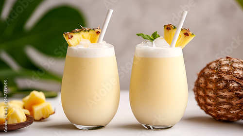 
side view, two pineapple coconut smoothies in elegant glasses with paper straws, served with ice cubes and tropical fruits, bright summer vibes, soft natural light, tropical paradise mood

