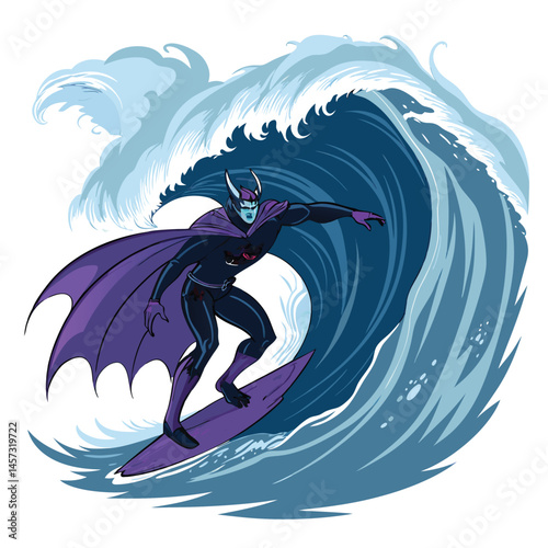 A demonic surfer, horns and wings ablaze, rides a colossal purple cyclone wave, defying gravity.  Epic fantasy art style.