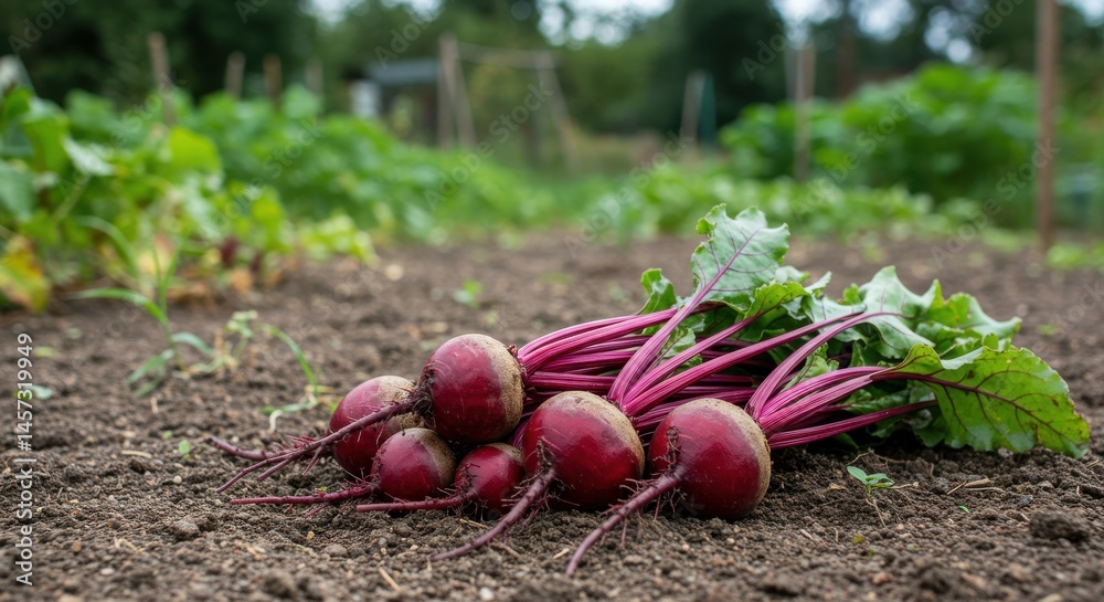 Bunch of freshly harvested beets with soil on the roots, background — vegetable garden Bunch of freshly harvested beets with soil on the roots, background — vegetable garden