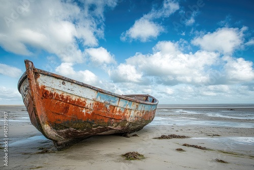 Abandoned rusty boat on sandy beach under partly cloudy sky.  The weathered hull, showing signs of age and decay, rests on the shoreline, with the receding tide revealing the wet sand