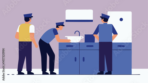 Kitchen Inspection Police officers inspecting kitchen cabinets with open doors one officer looking at a suiouslooking container under the sink.