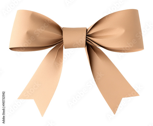 Beige paper bow ribbon with long tails isolated on transparent background