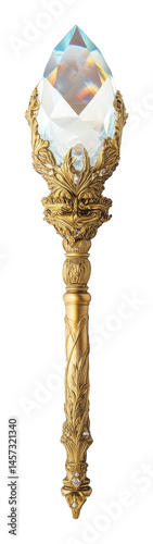 Golden ornate staff with large faceted crystal orb on transparent background