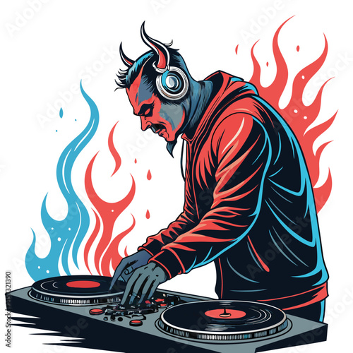 A demonic DJ, horns and tail visible, wearing headphones, expertly mixing on flaming turntables; hellish, fiery background.