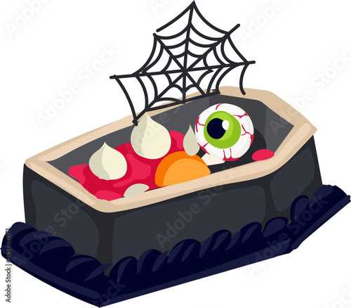 Eyeball Coffin Cake - Cartoon Halloween cake vector illustration with spooky decorations