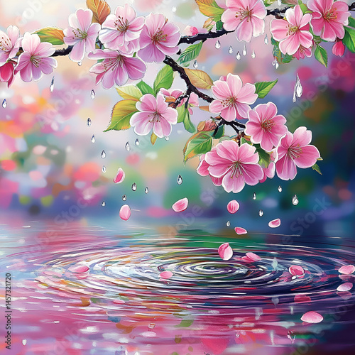 beautiful colorful Japanese spring's flowers, cherry blossoms, beautiful water ripples in the puddle, in the mountains, in the beautiful forest, leaves, nature, beautiful rain drops, beautiful fog, o