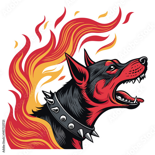 A fierce, red devil dog with spiked collar, barking intensely, flames erupting from its mouth.  Highly detailed, dramatic lighting.