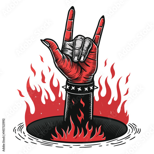A demonic hand, fiery red, emerges from a volcanic pit, throwing up a rock-and-roll hand gesture.  Intense flames surround the hand.